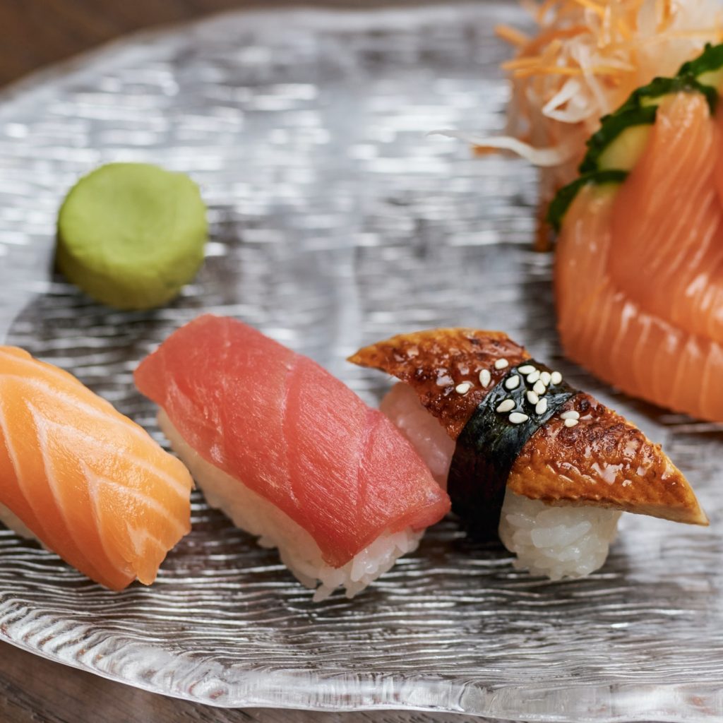 Delicious set of sushi and sashimi on a plate